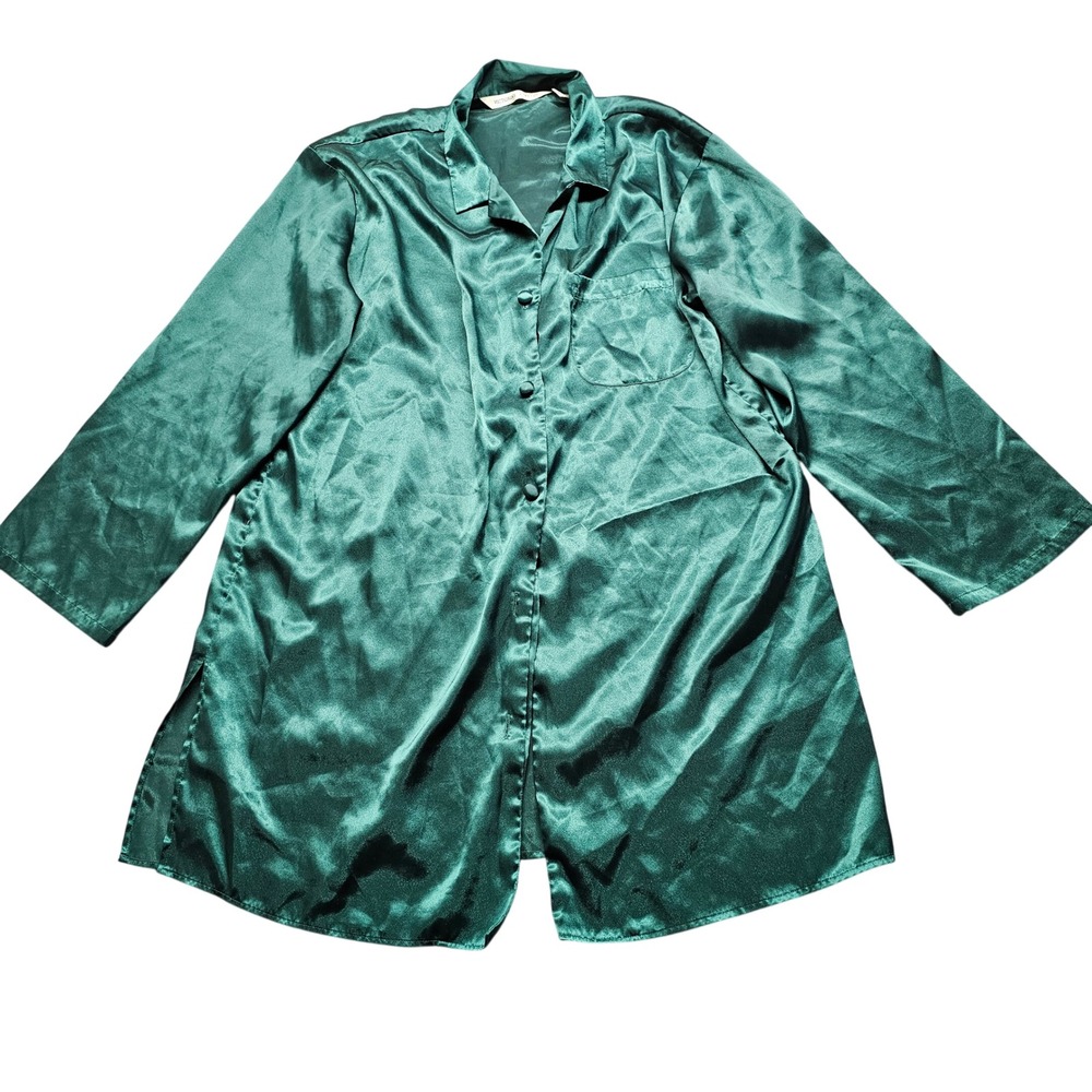 Victorias Secret Satin Sleep Shirt Emerald Green Button Down Long Sleeve Size M